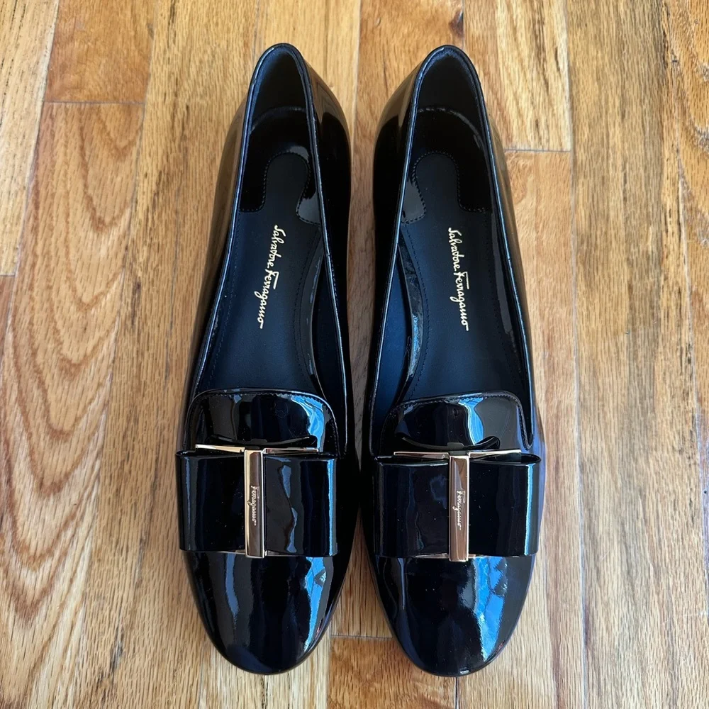 Salvatore Ferragamo Black Patent Leather Loafers with Gold Buckle - Picture 2 of 7